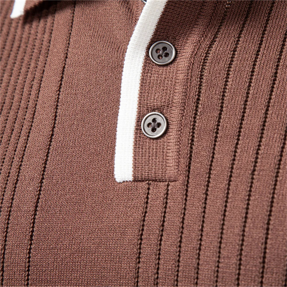 Langford Men Polo Knit Shirt Long Sleeve Button